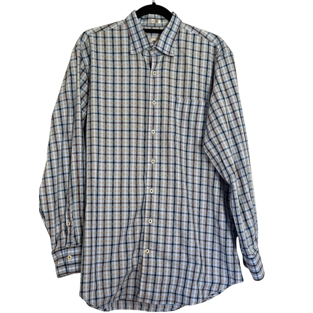 Peter Millar Blue Brown White Plaid check long sleeve button‎ front shirt Large